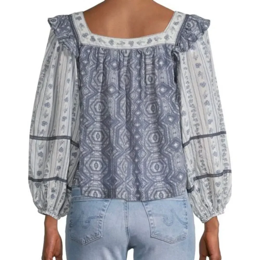 NWT Free People Mostly Meadow Blue Ivory Long Puff Sleeve Square Neck Top Size L
